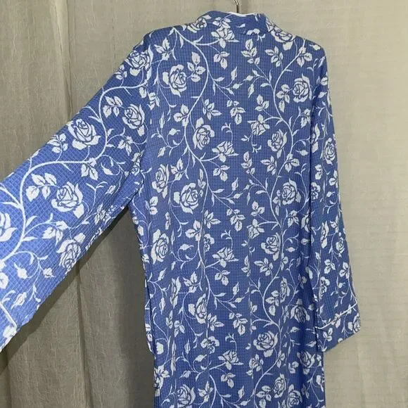 jasmine rose SML Light Blue White Floral Waffle Knit Full Zip Long Sleeve Robe - Picture 8 of 15